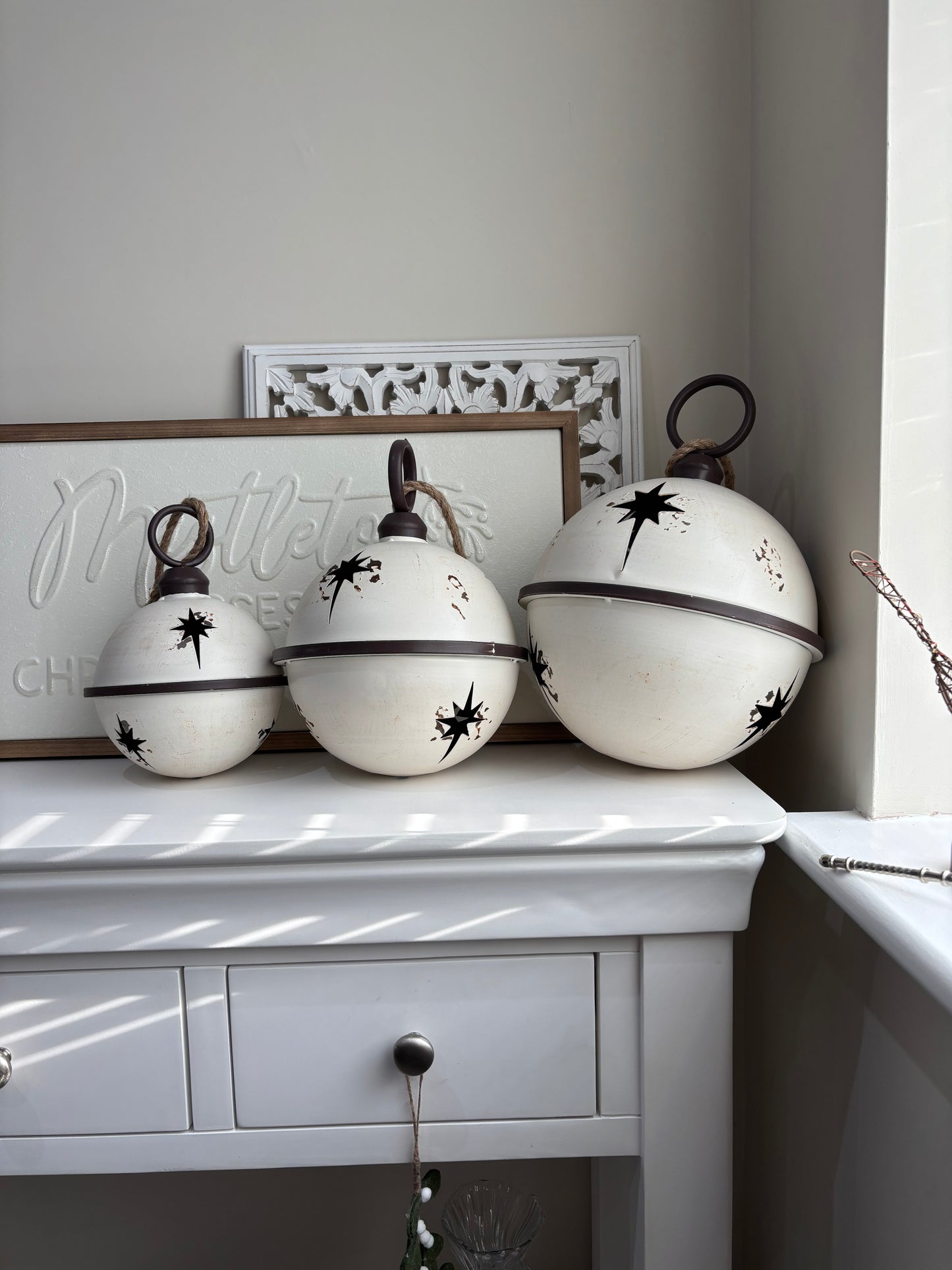 White Rustic Round Hanging Metal Bell - 3 sizes