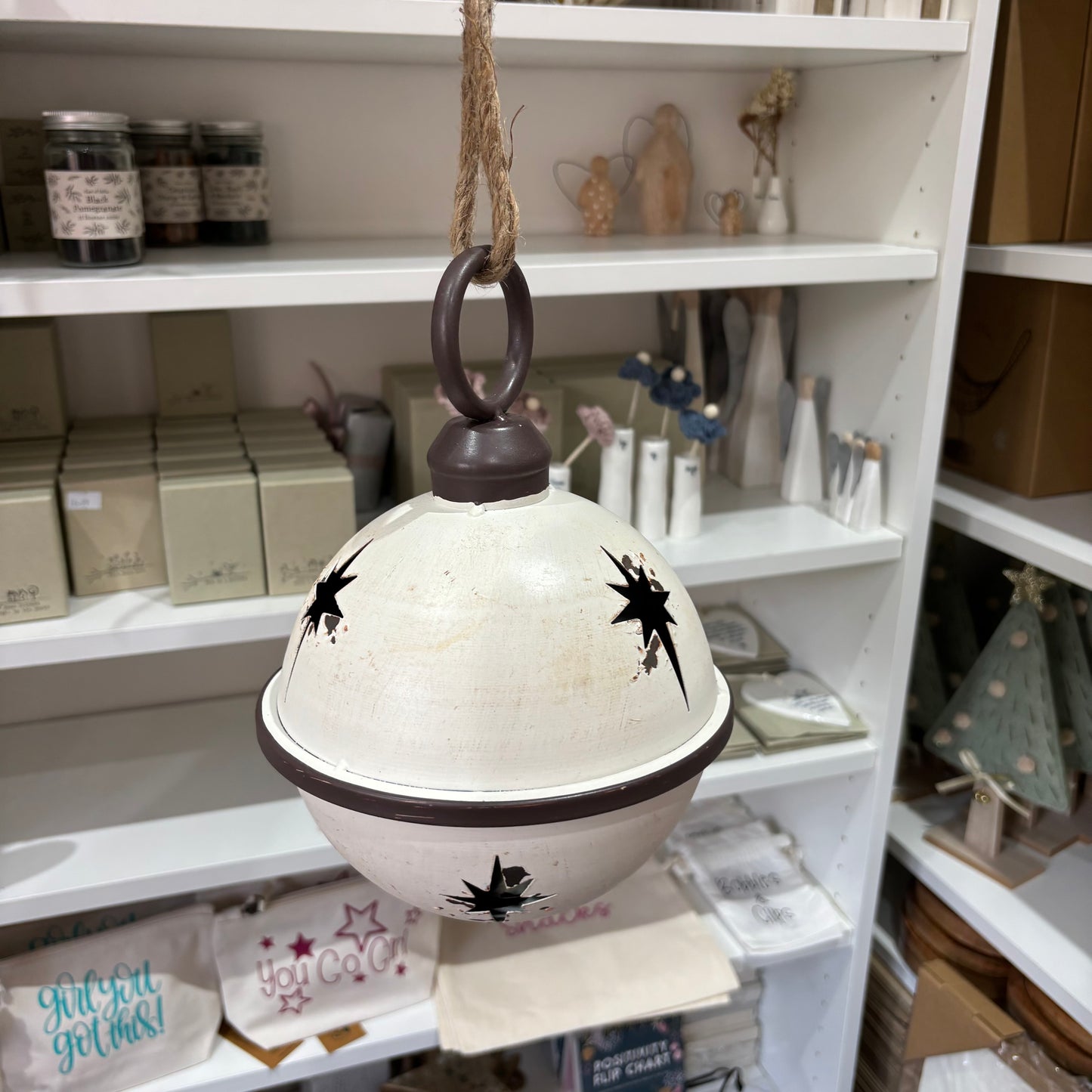 White Rustic Round Hanging Metal Bell - 3 sizes