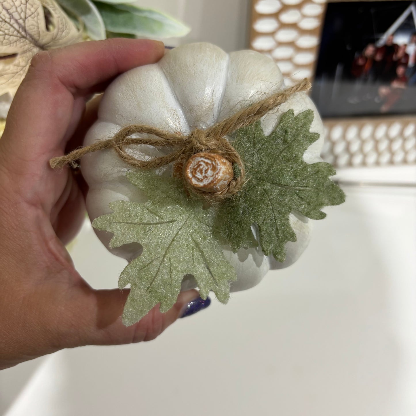 Pale Pumpkin with Green Leaves & Twine