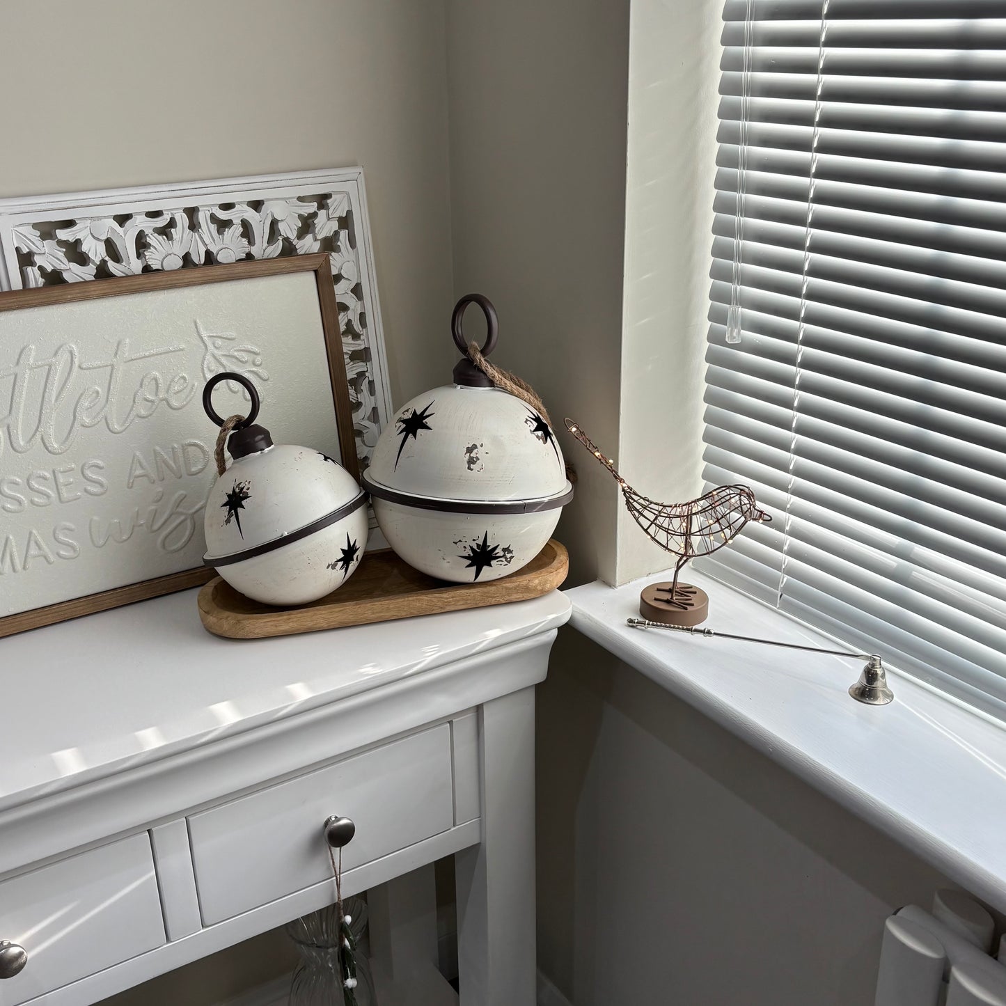 White Rustic Round Hanging Metal Bell - 3 sizes