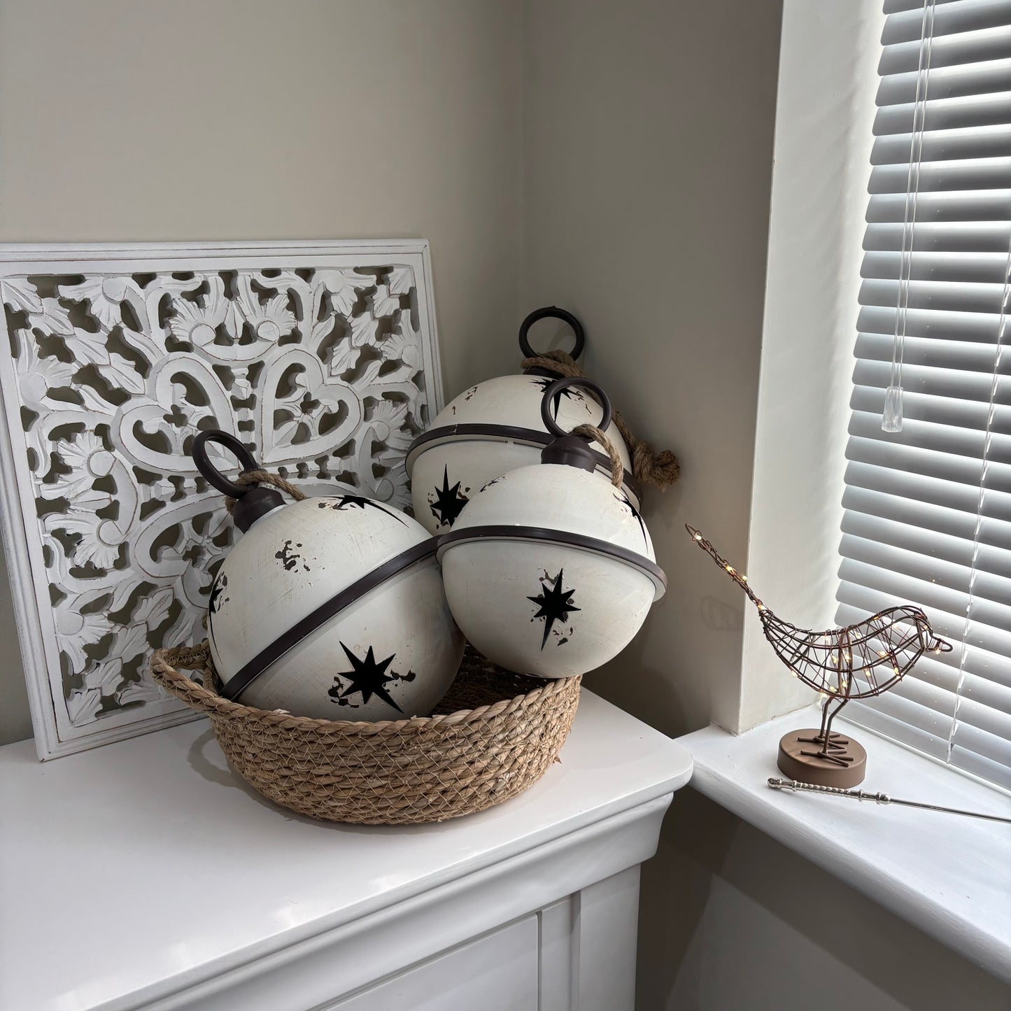 White Rustic Round Hanging Metal Bell - 3 sizes