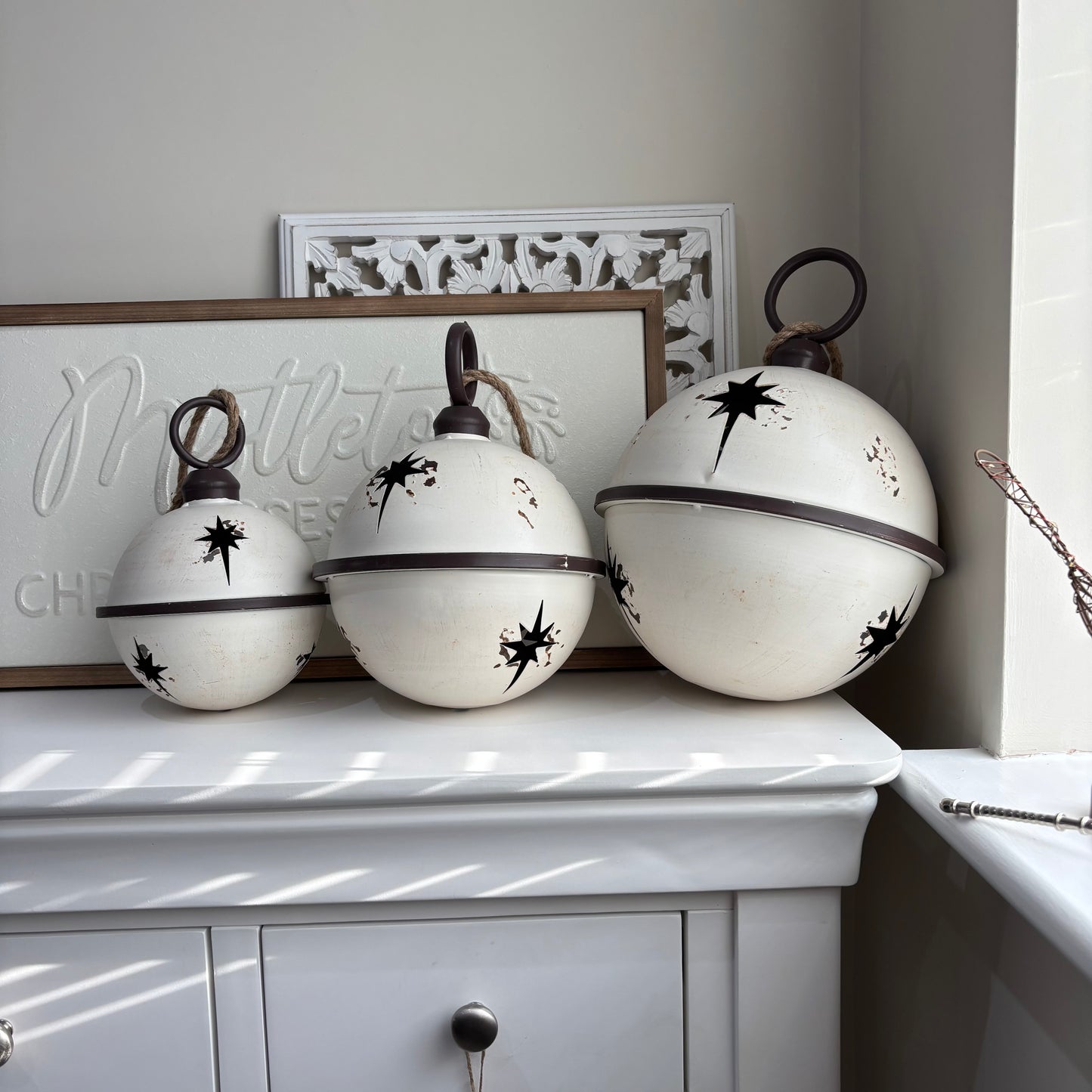 White Rustic Round Hanging Metal Bell - 3 sizes