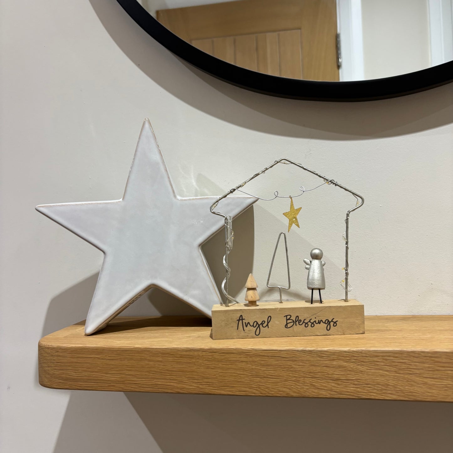 Light up metal house with angel and tree