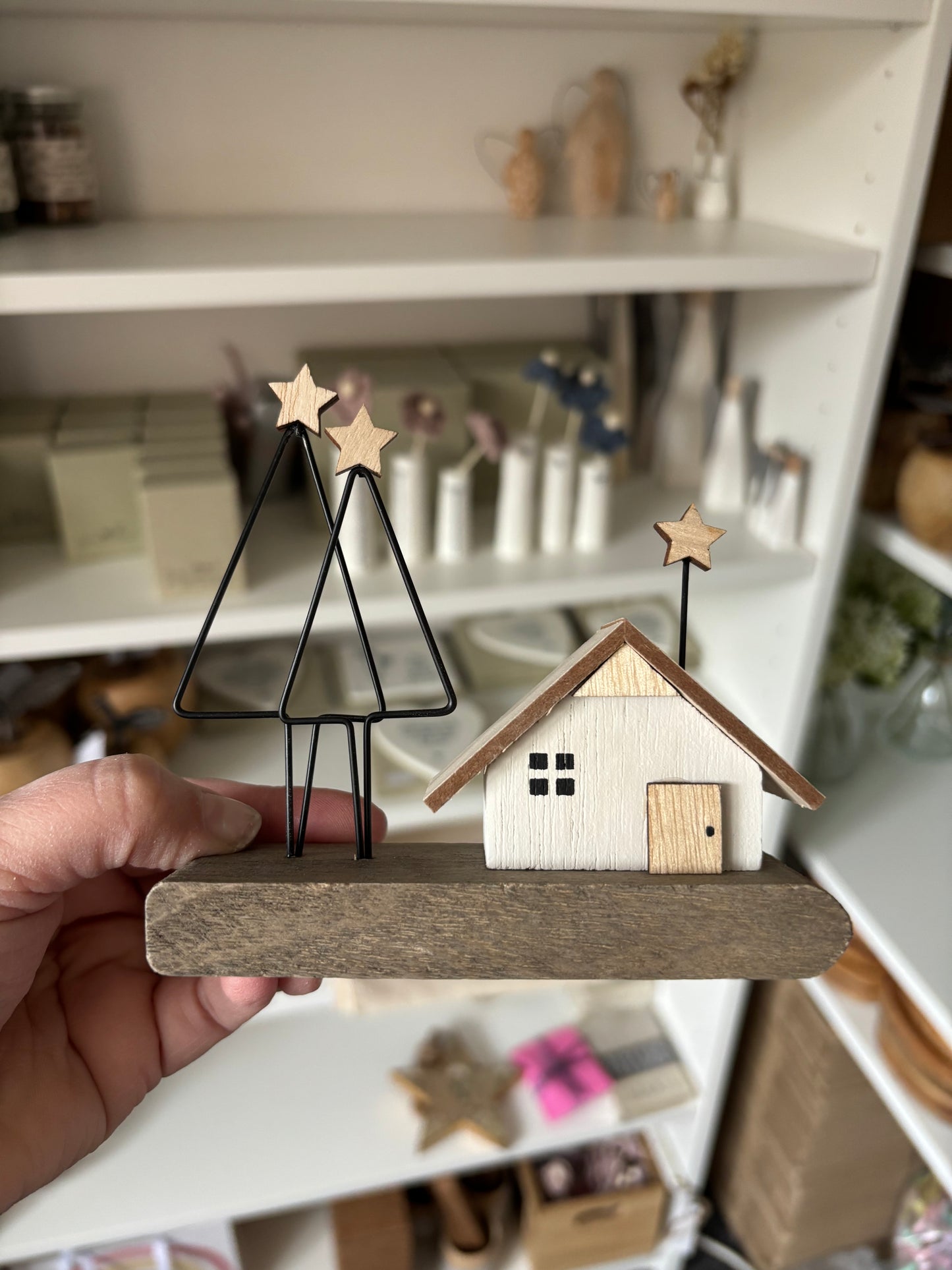 Wooden House On Block With Trees & Stars