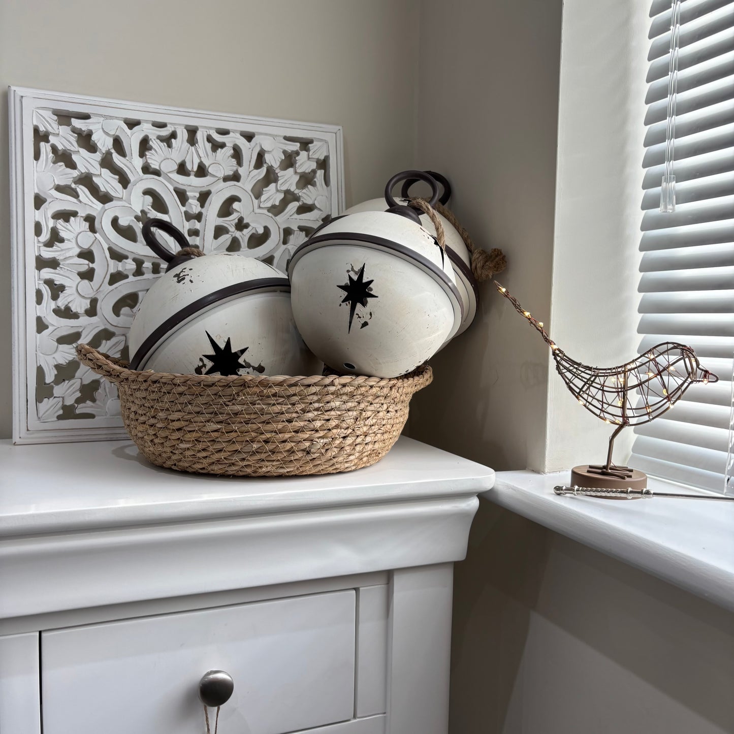 White Rustic Round Hanging Metal Bell - 3 sizes