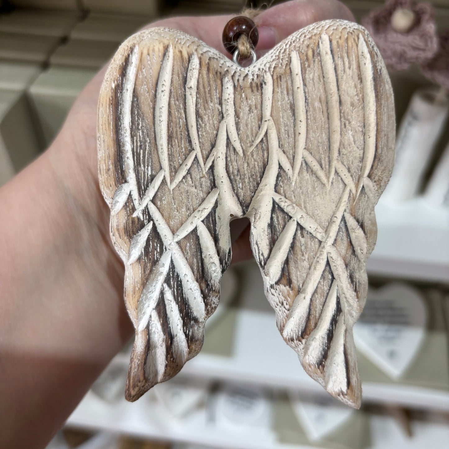 Hanging Carved Wooden Angel Wings - Natural 10cm - imperfect