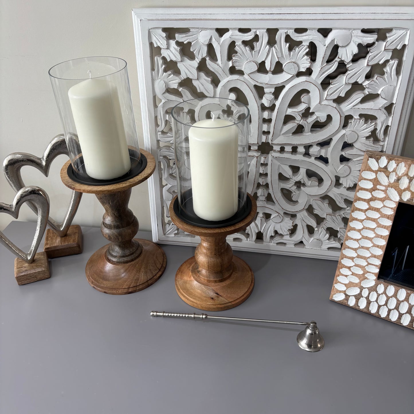 Glass and wood pilar candle holder - 2 sizes