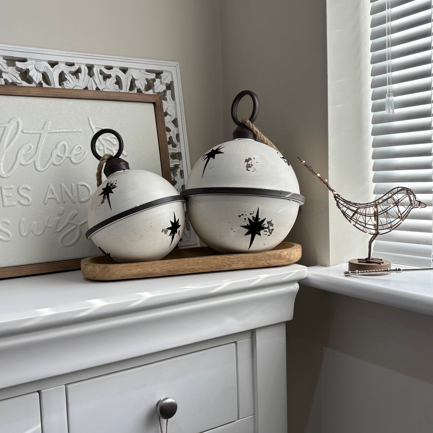 White Rustic Round Hanging Metal Bell - 3 sizes