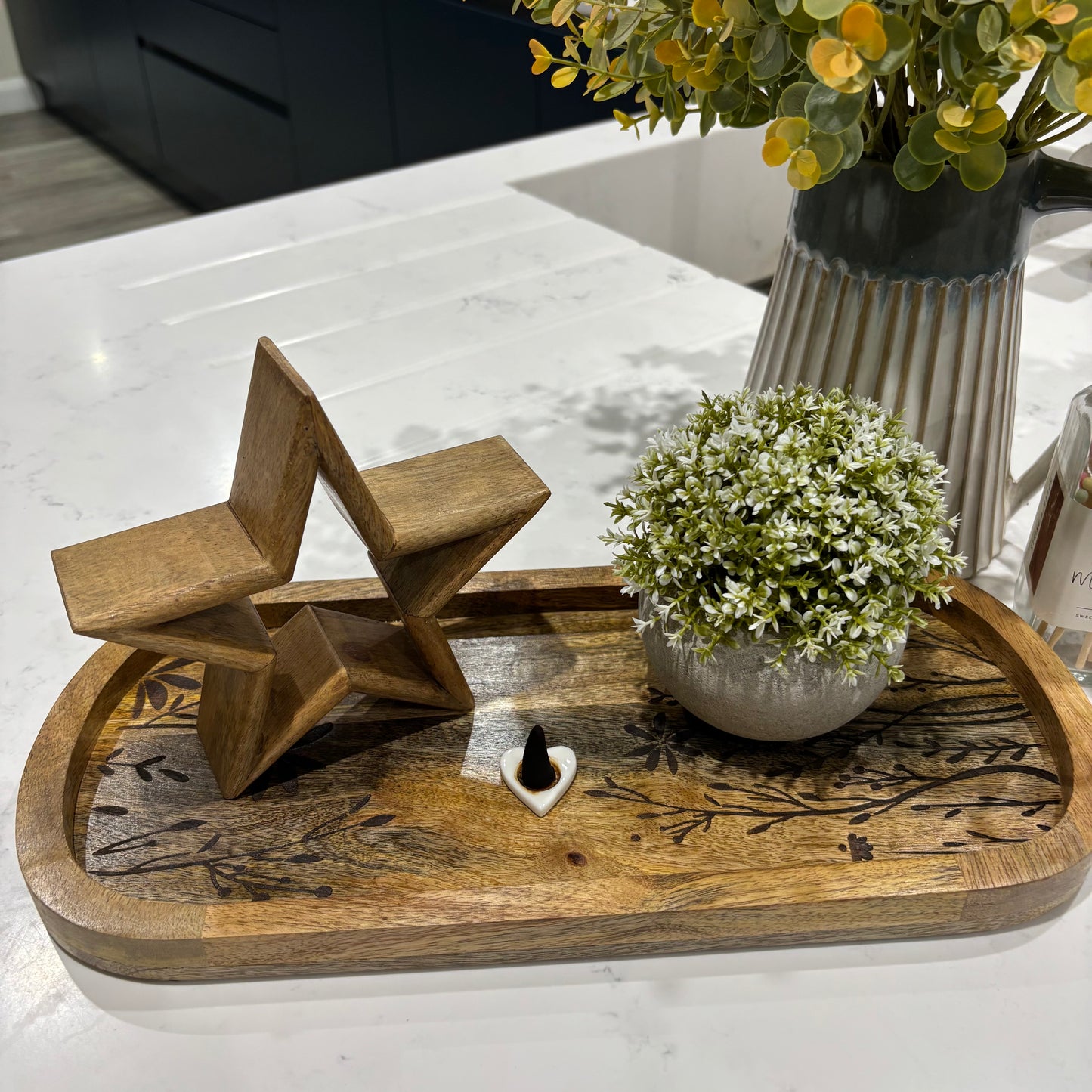 Flower Etched Wooden Tray - Large