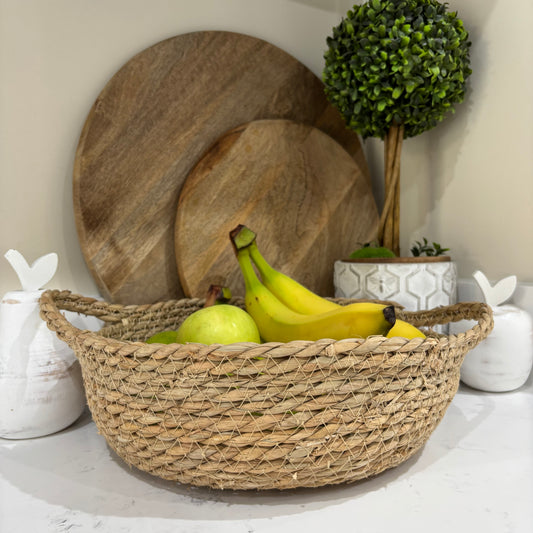 Straw Basket - Natural Woven Bowl with Handles