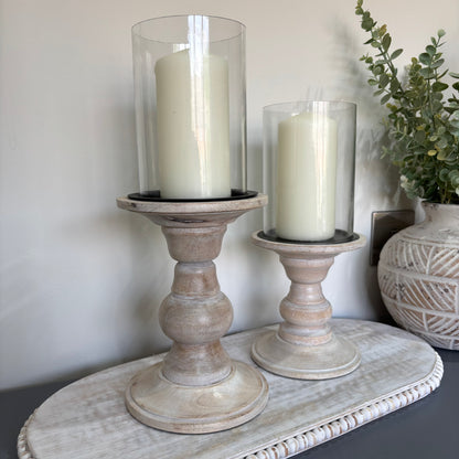 Rustic white wash finish wood and glass pillar candle holder