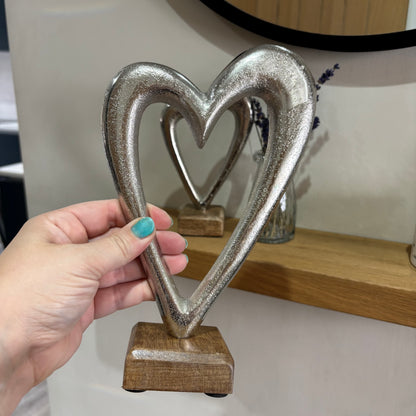 Silver Metal Heart on Wood base - 2 sizes