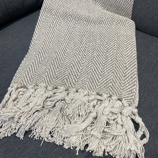 Recycled Cotton Herringbone Throw / Picnic Blanket - Natural 152cm