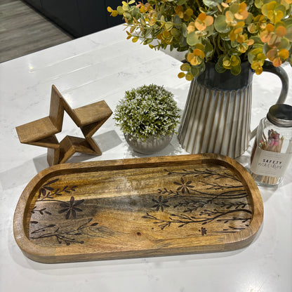 Flower Etched Wooden Tray - Large