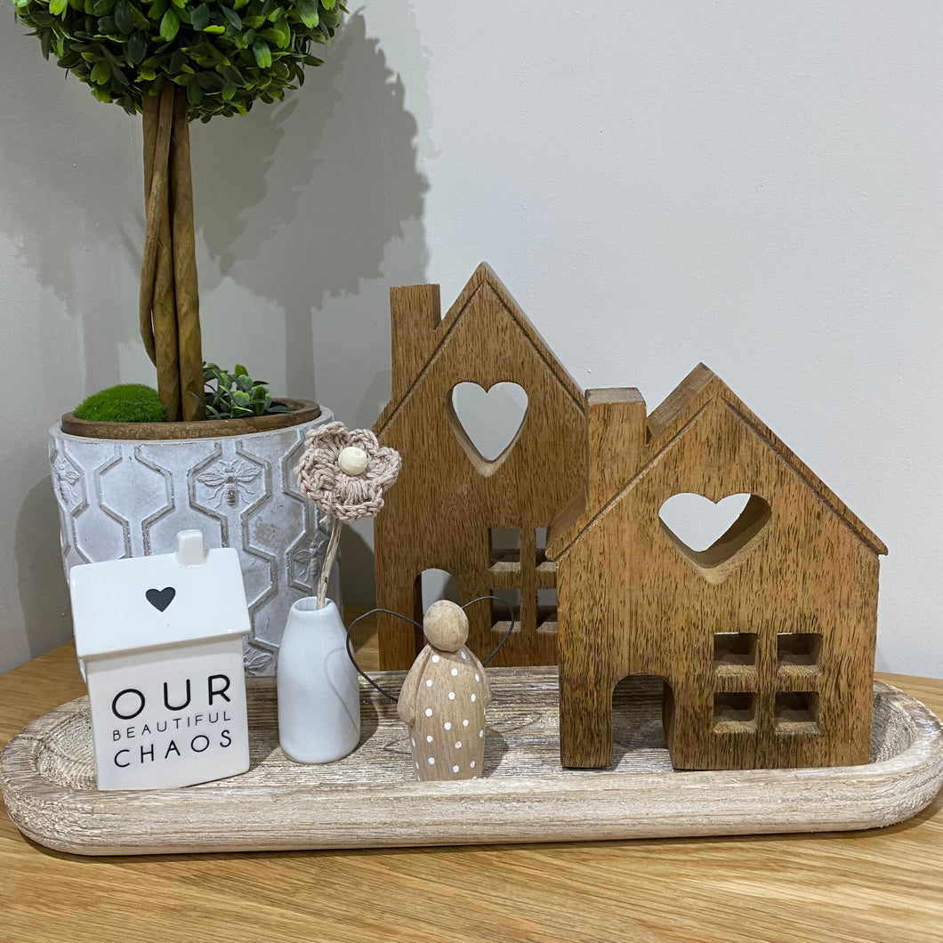 Natural Wooden House with Heart - Set of 2