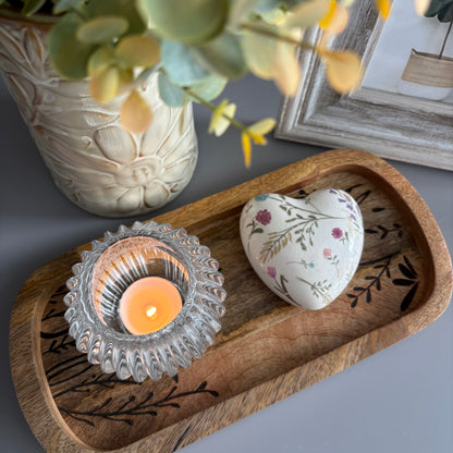 Flower Etched Wooden Tray - small