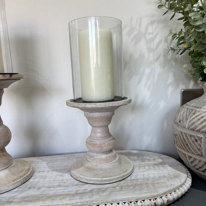 Rustic white wash finish wood and glass pillar candle holder