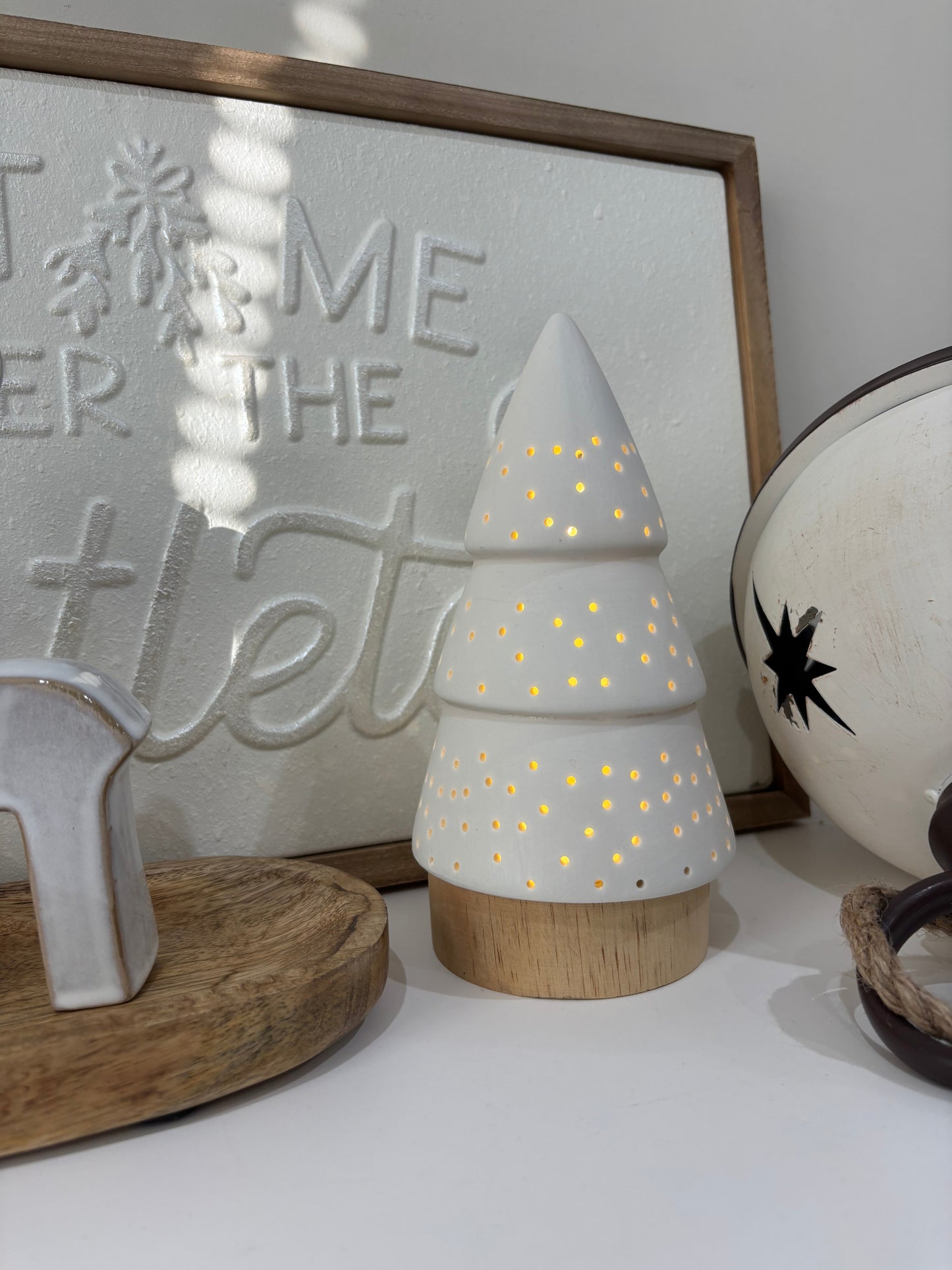 White light up tree on wood base