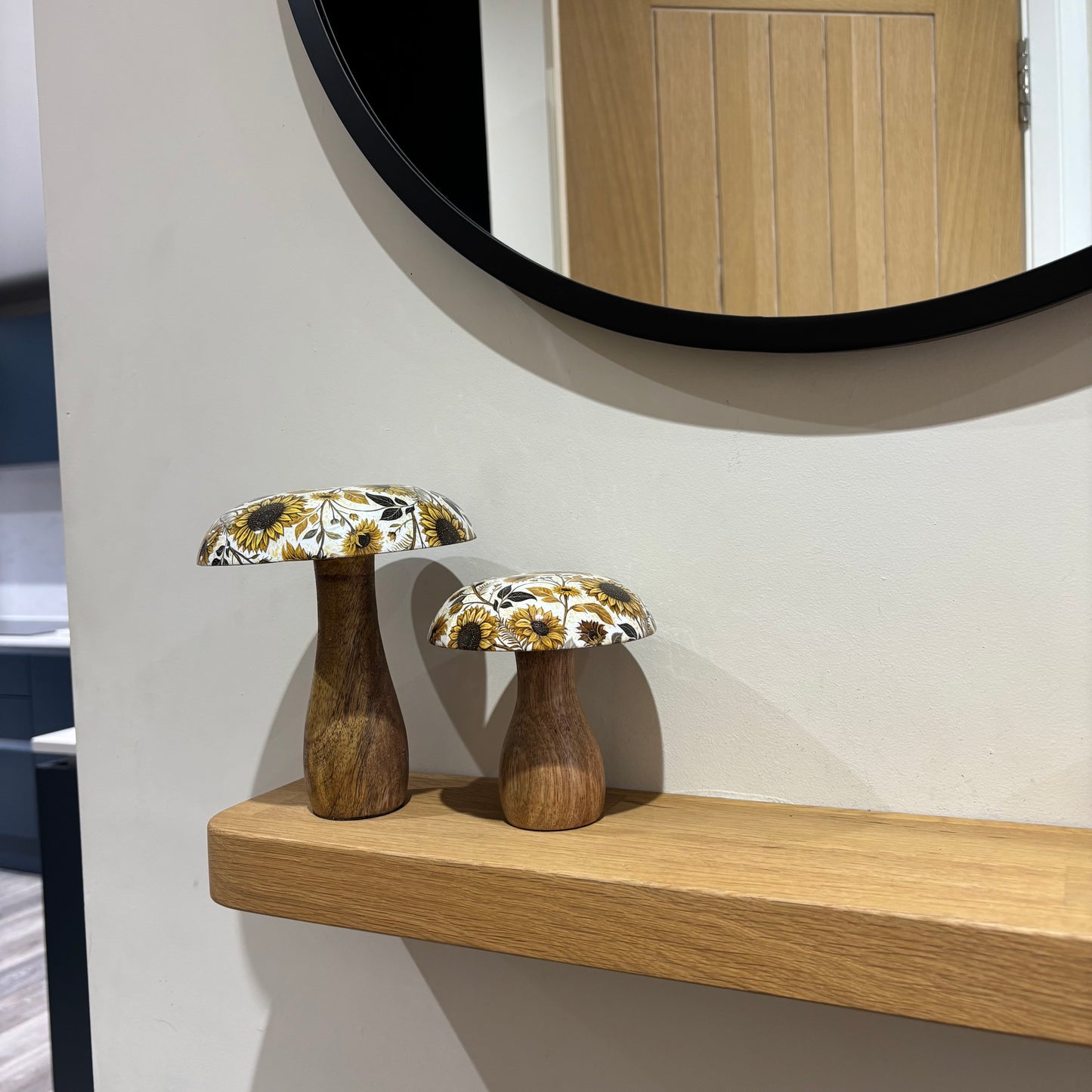 Mango Wood Mushroom with Sunflowers - set of two