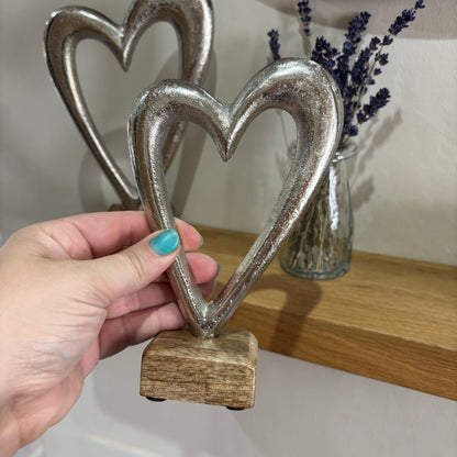 Silver Metal Heart on Wood base - 2 sizes