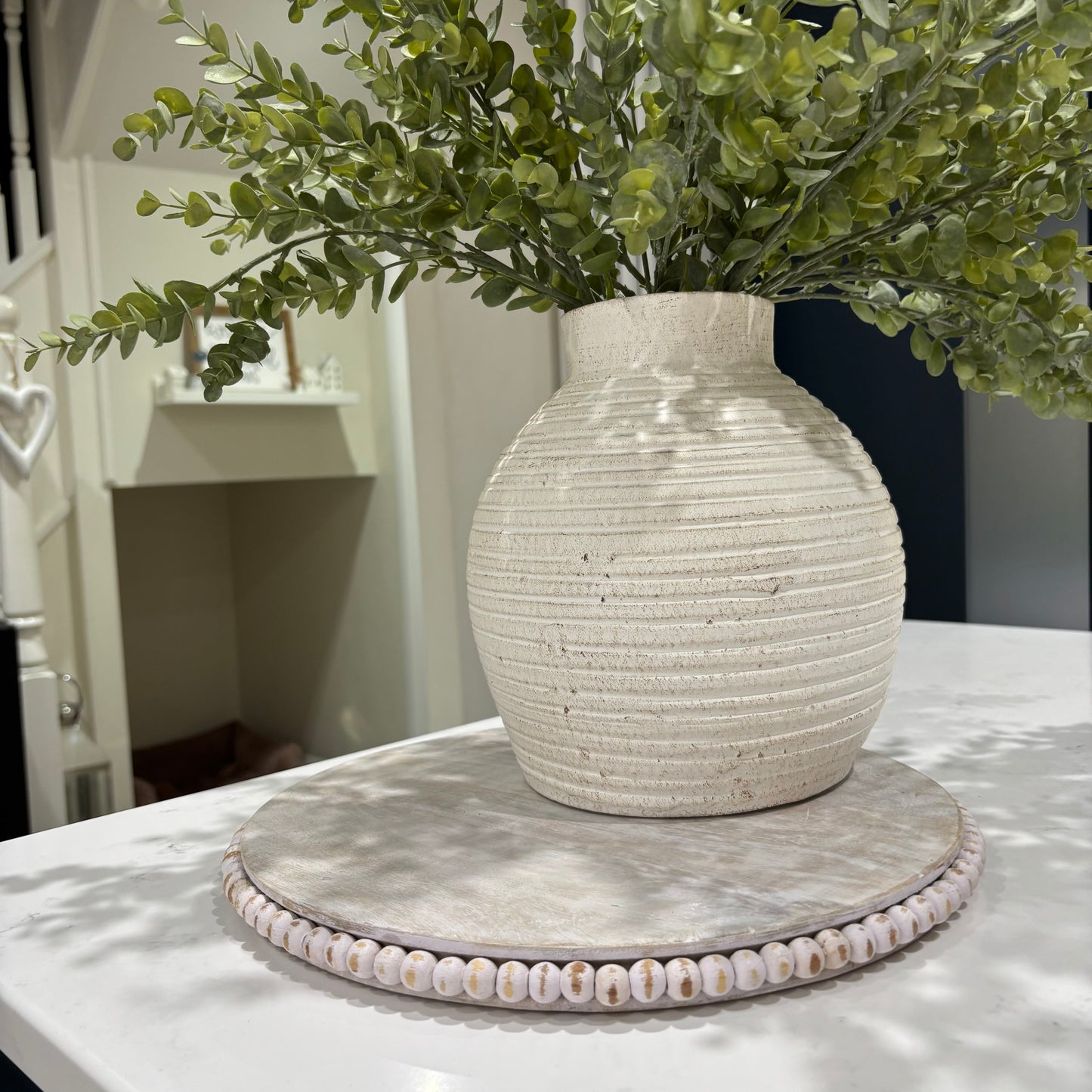 Lillie Round Whitewashed Wooden Charger Plate | Decorative Serving Tray with Beaded Edge