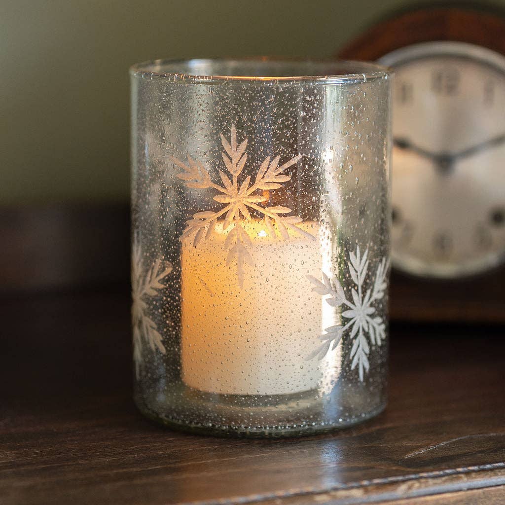 Ivy, Etched Snowflake Glass Tealight Holder