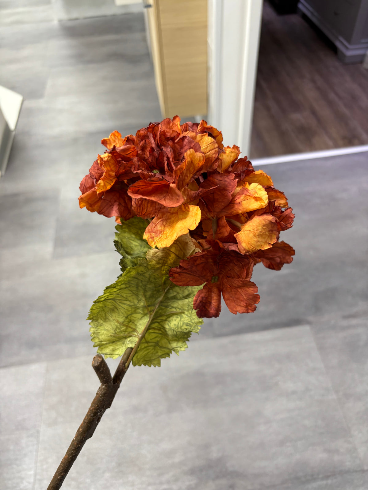 Faux Dried Touch Ruffled Hydrangea – Burnt Orange – 52cm