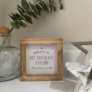 Warm up at the Hot Chocolate Station Sign