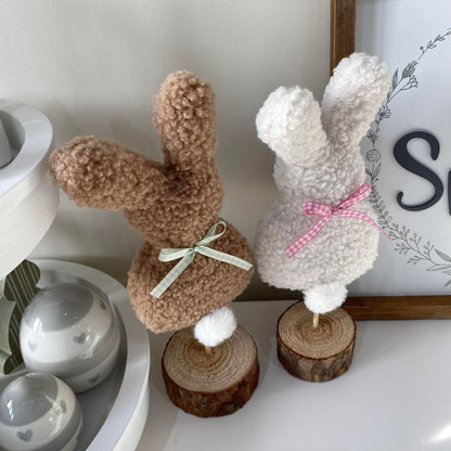 Bunny on wood block in teddy fabric - 2 colours