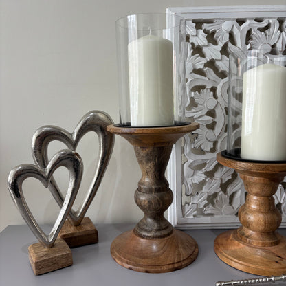 Glass and wood pilar candle holder - 2 sizes
