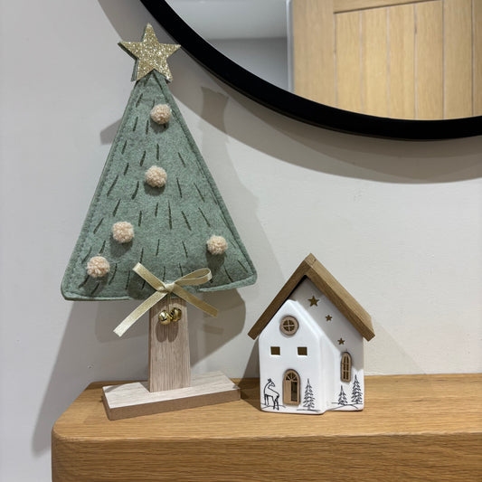 Pale Green Felt Christmas Tree with Gold Star and bells