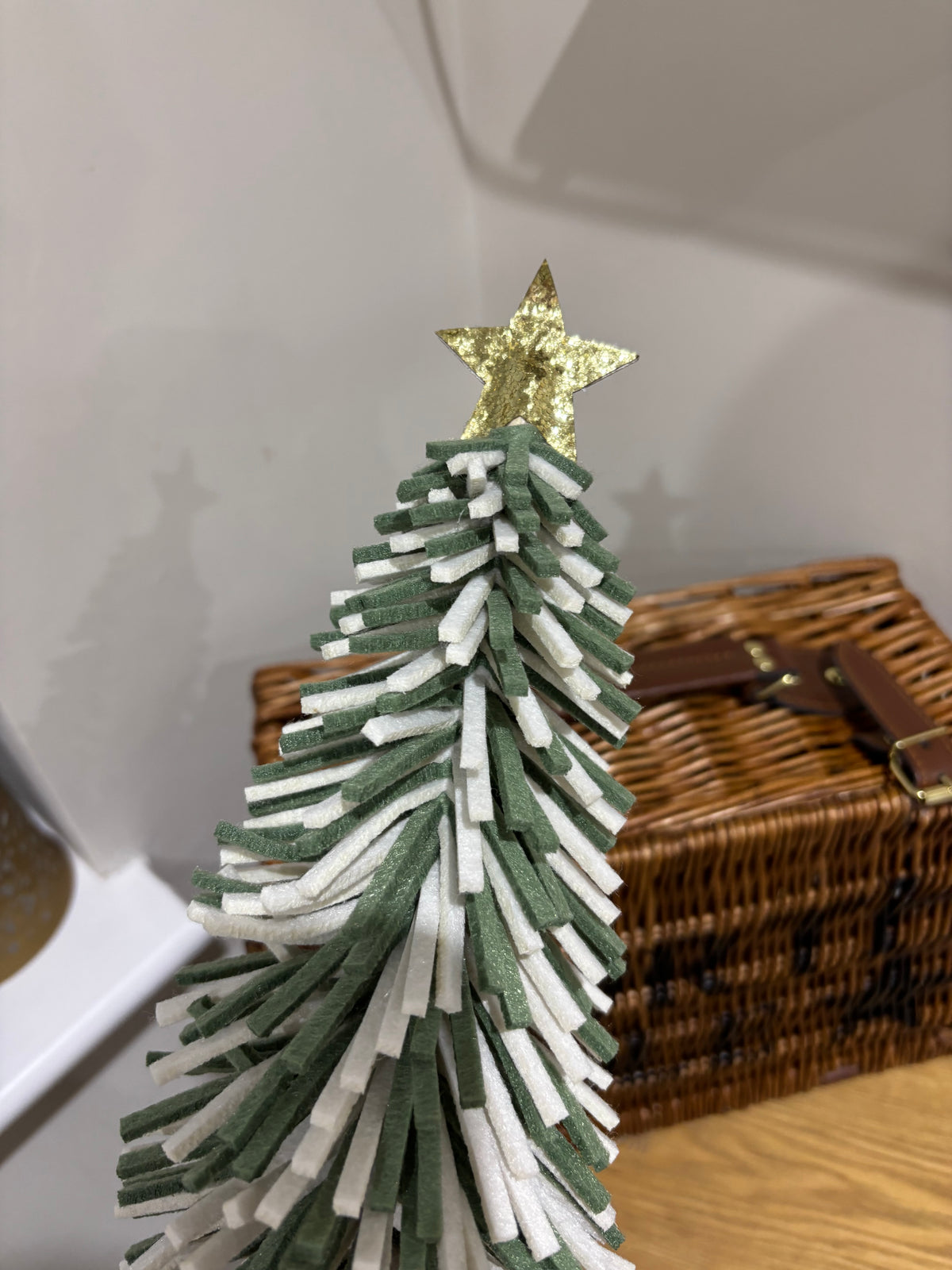 Tall Green & Cream Felt Christmas Tree with Gold Star – 33cm