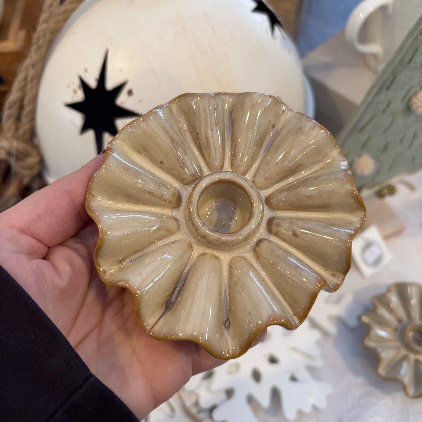 Porcelain Candle Holder - Taupe Frill
