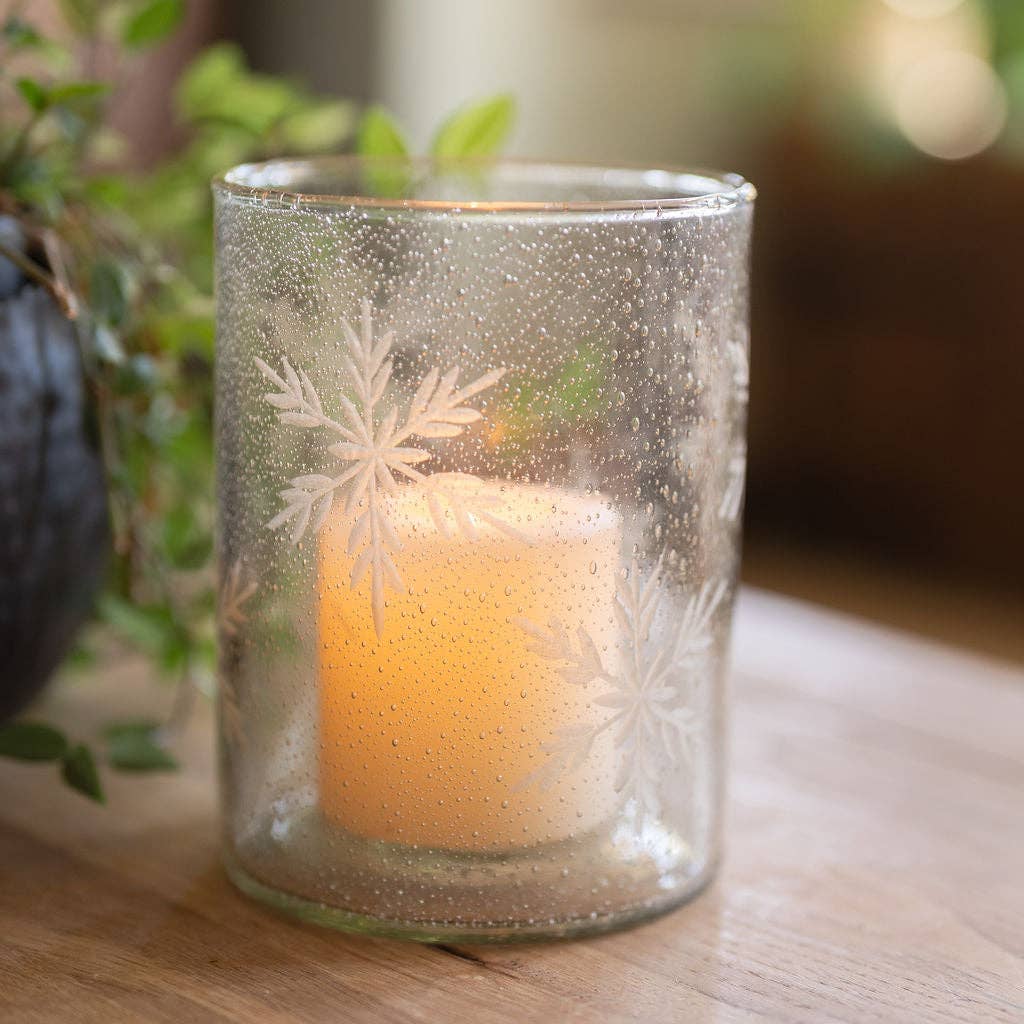 Ivy, Etched Snowflake Glass Tealight Holder