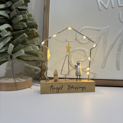 Light up metal house with angel and tree
