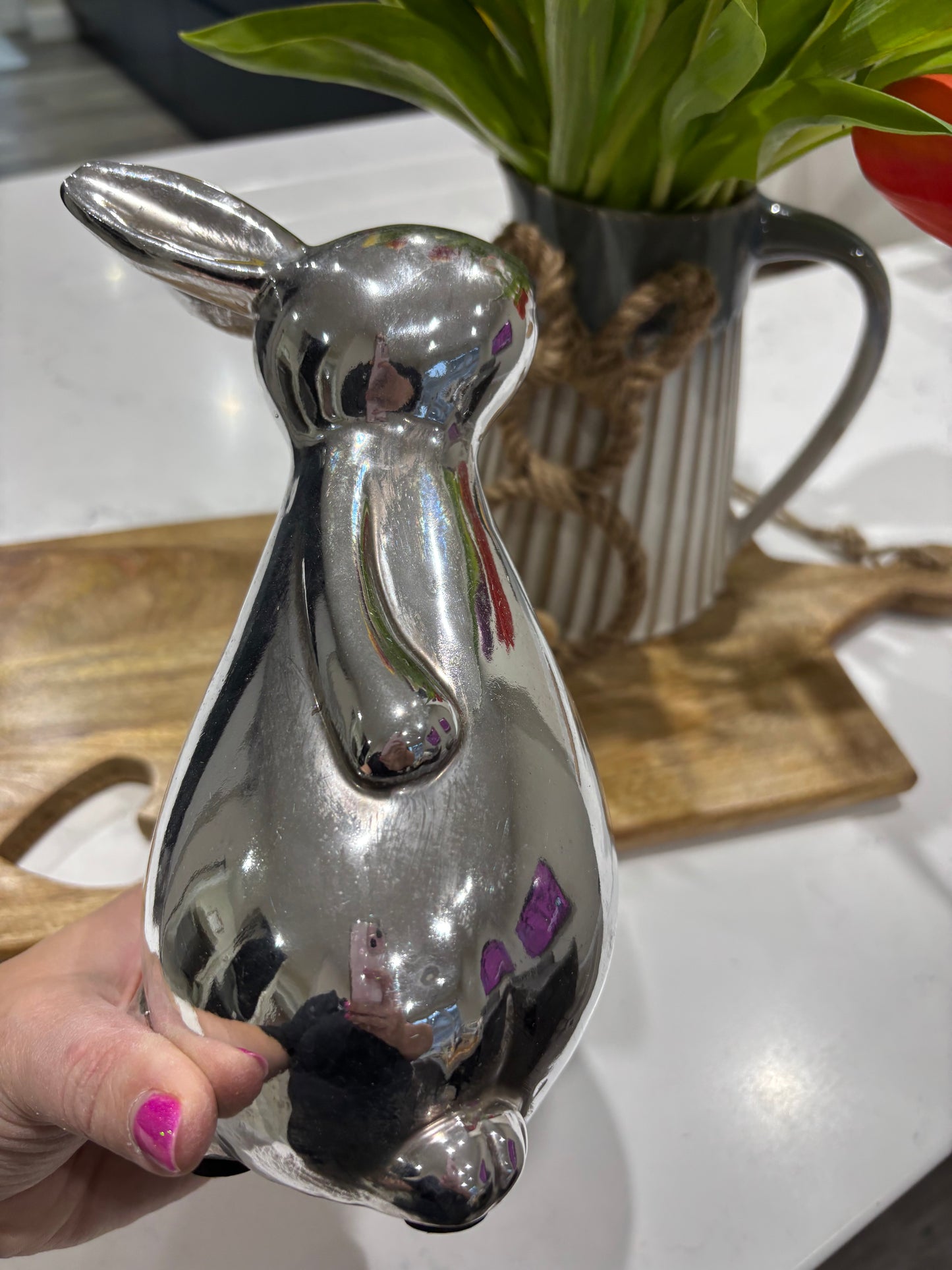 Ceramic Standing Rabbit Ornament – Silver finish - imperfect