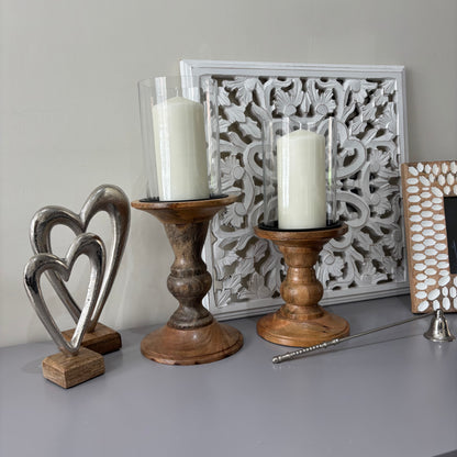 Glass and wood pilar candle holder - 2 sizes