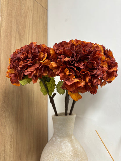Faux Dried Touch Ruffled Hydrangea – Burnt Orange – 52cm