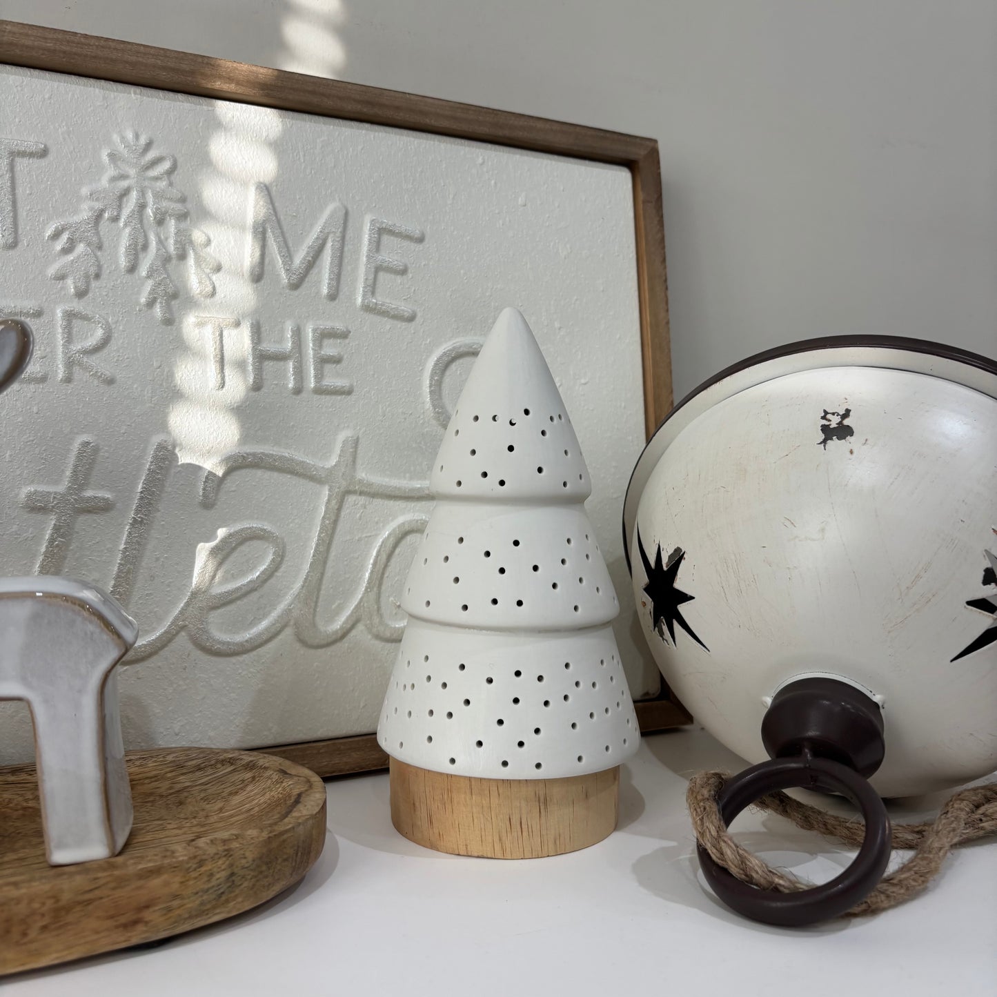 White light up tree on wood base