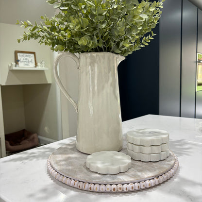 Lillie Round Whitewashed Wooden Charger Plate | Decorative Serving Tray with Beaded Edge