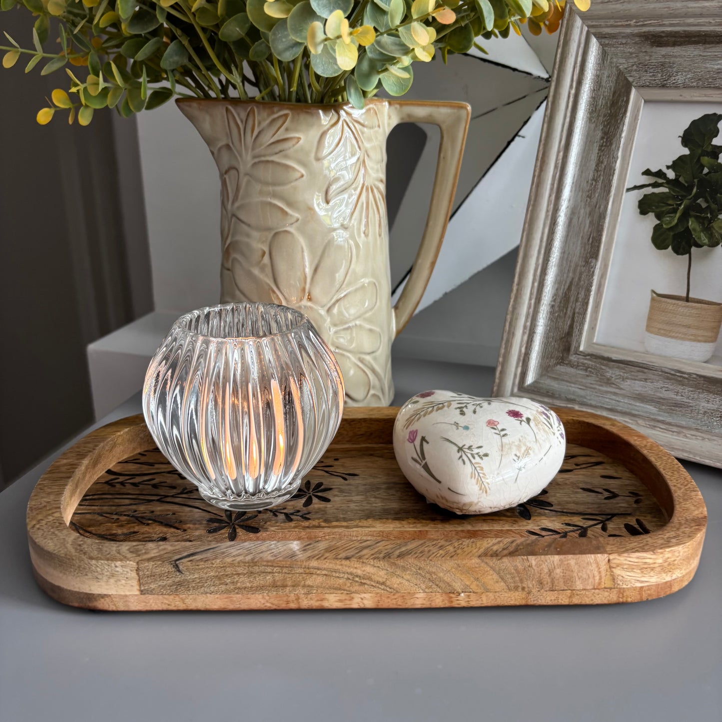 Flower Etched Wooden Tray - small