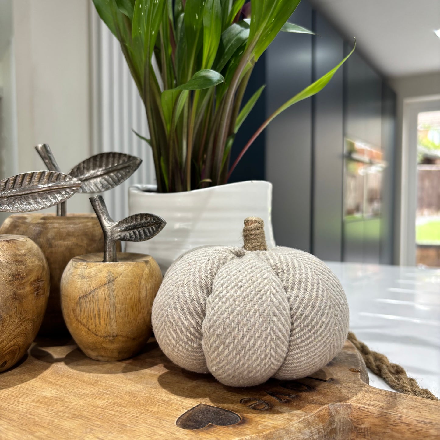 Grey & White Herringbone Fabric Pumpkin