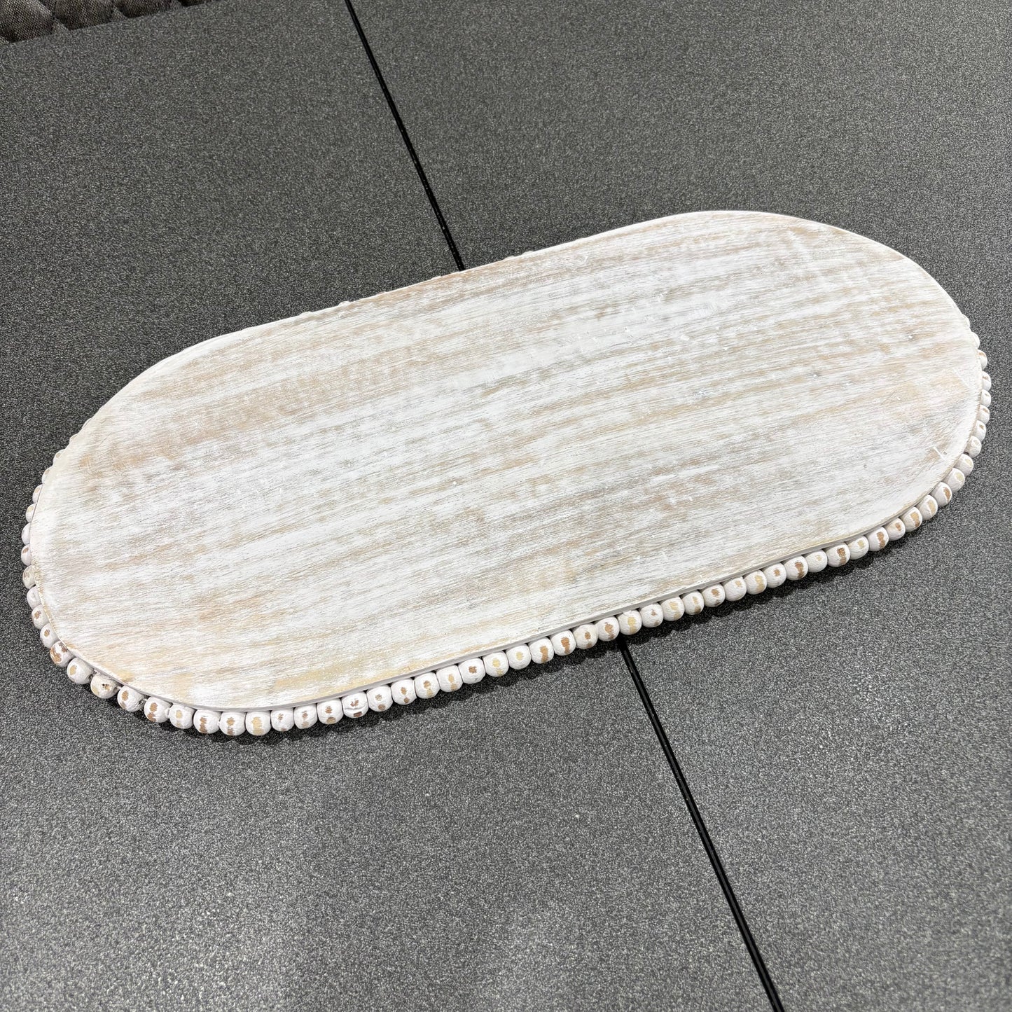 Lillie Oval Whitewashed Wooden Serving Board | Decorative Flat Tray with Beaded Edge