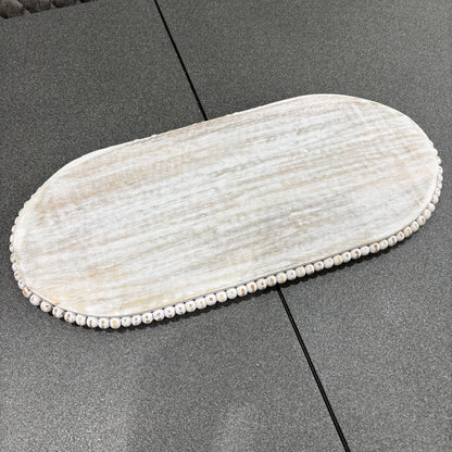 Lillie Oval Whitewashed Wooden Serving Board | Decorative Flat Tray with Beaded Edge