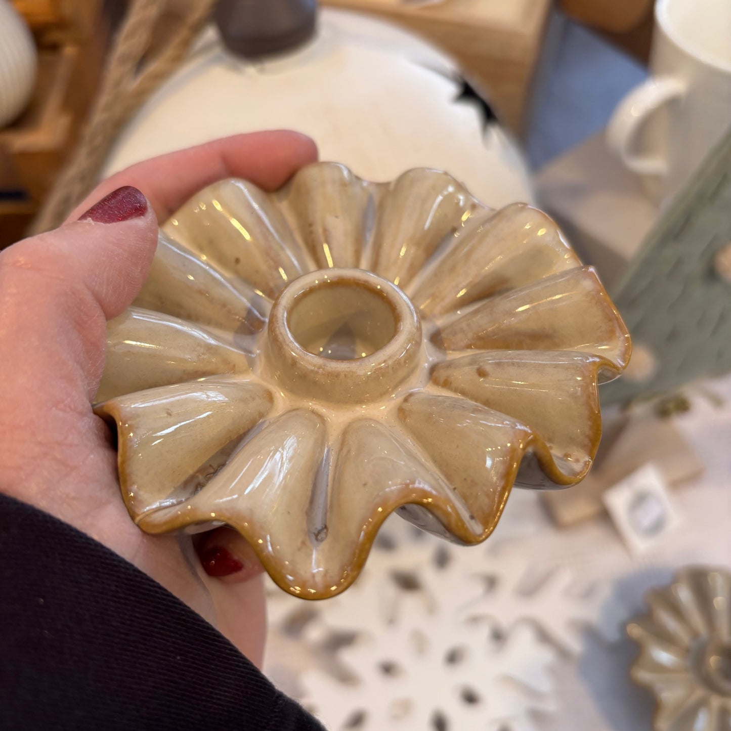 Porcelain Candle Holder - Taupe Frill