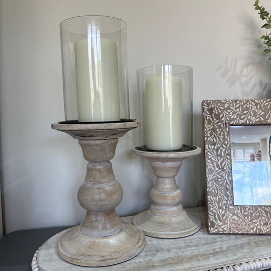 Rustic white wash finish wood and glass pillar candle holder