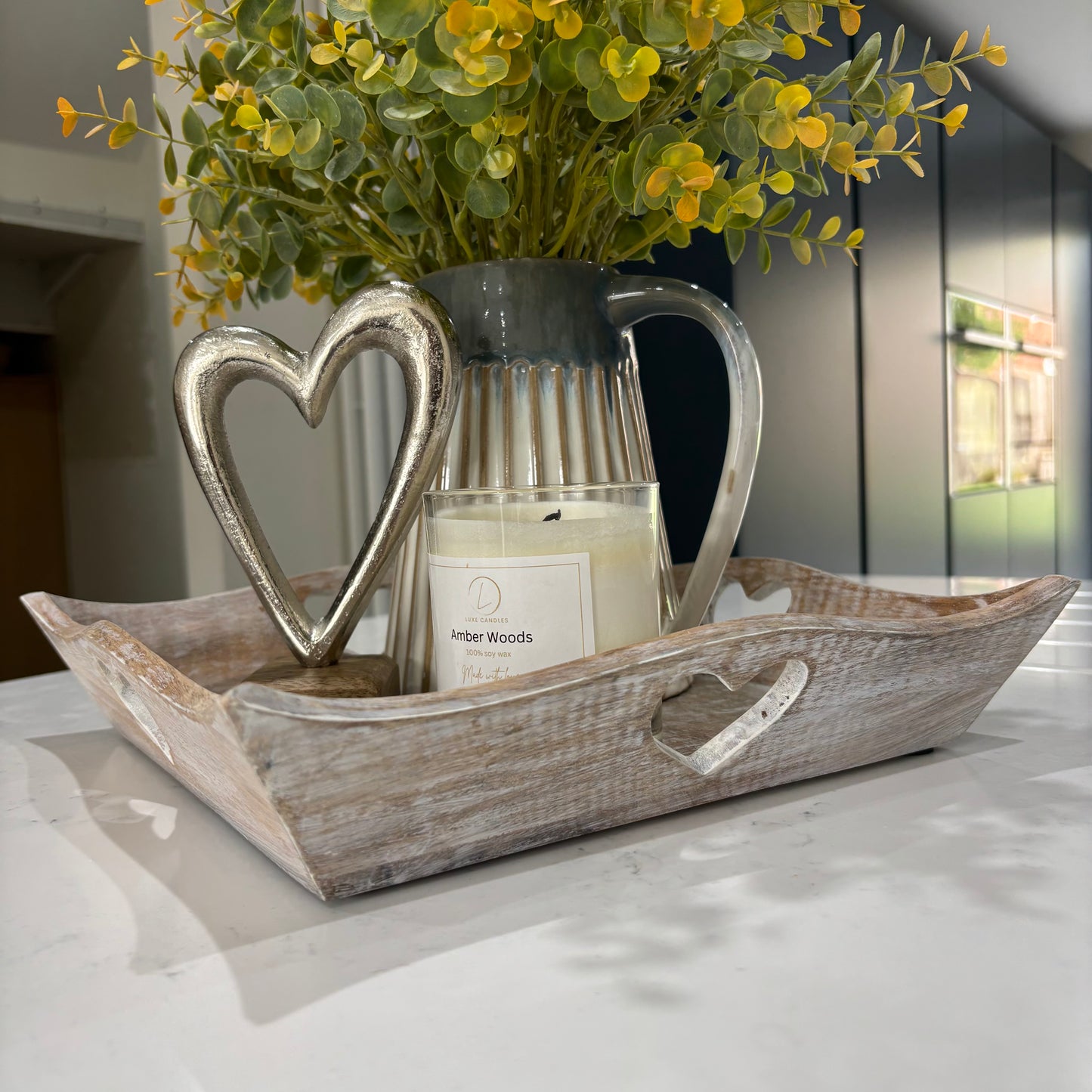 Rustic tray with heart cut out detail 31cm
