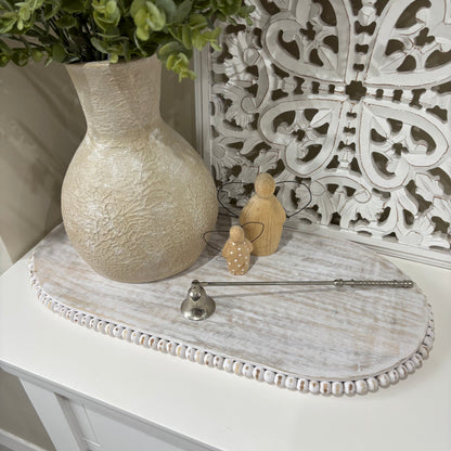 Lillie Oval Whitewashed Wooden Serving Board | Decorative Flat Tray with Beaded Edge