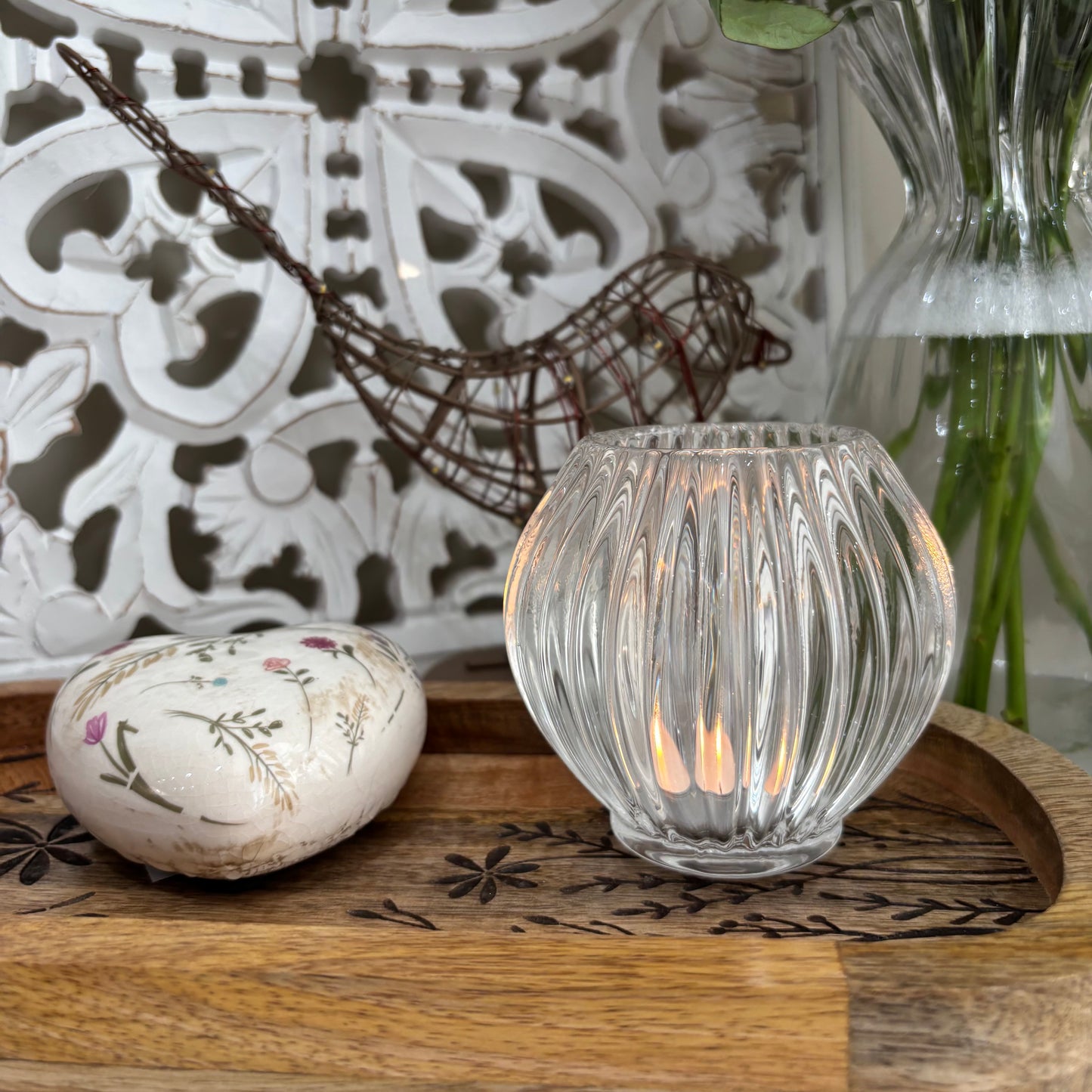 Glass Tealight holder - clear ribbed
