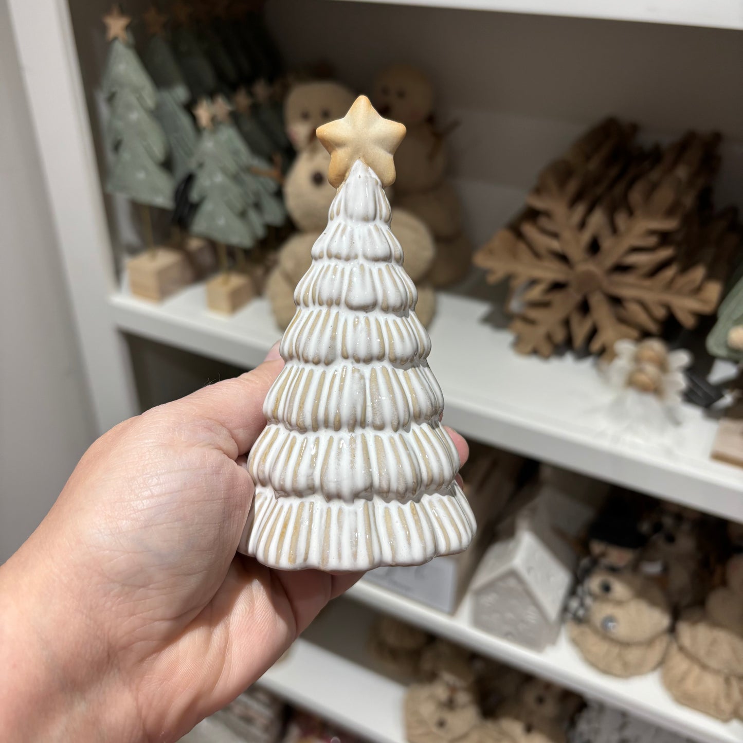 Ceramic off white Christmas tree decoration with star - 2 sizes